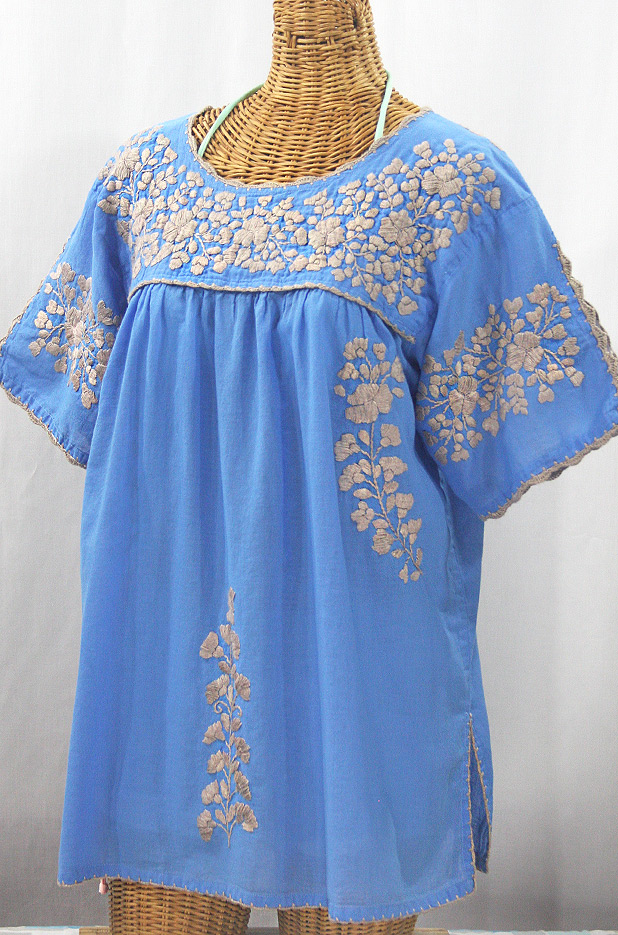 "Lijera Libre" Plus Size Embroidered Mexican Blouse - Light Blue + Cocoa