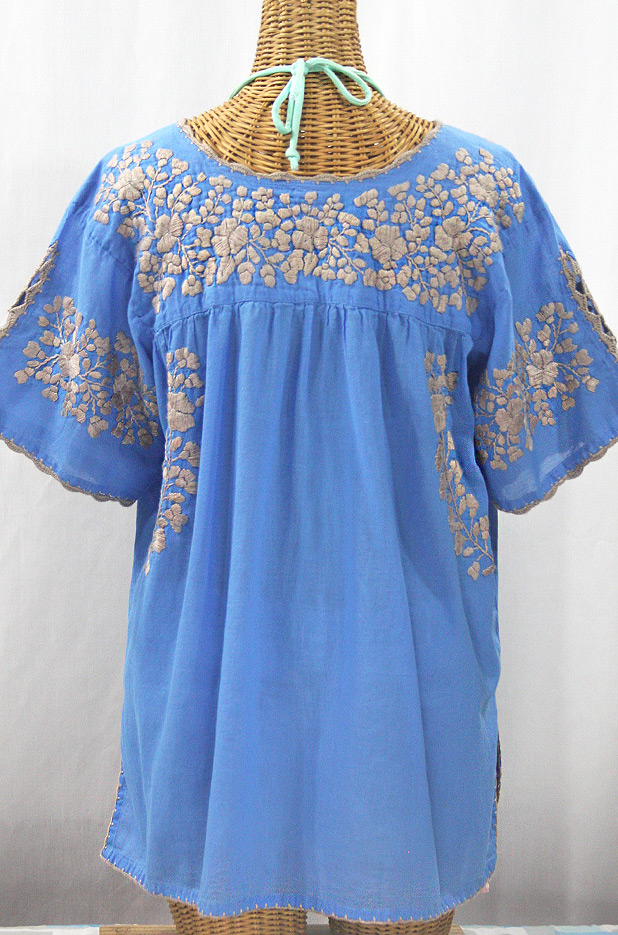 "Lijera Libre" Plus Size Embroidered Mexican Blouse - Light Blue + Cocoa