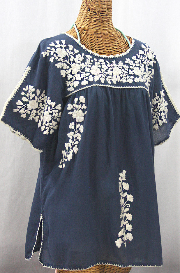 "Lijera Libre" Plus Size Embroidered Mexican Blouse - Navy Blue + Cream