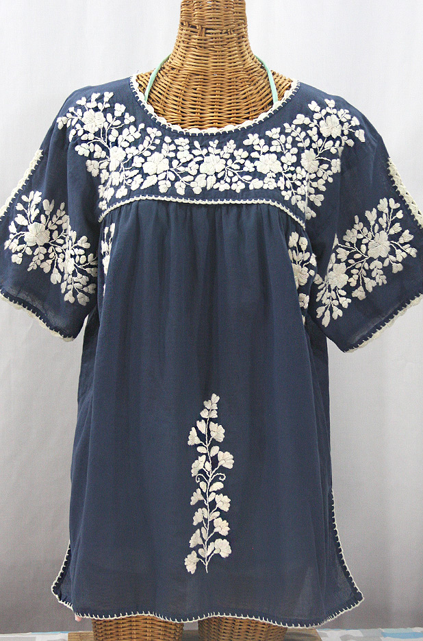 "Lijera Libre" Plus Size Embroidered Mexican Blouse - Navy Blue + Cream