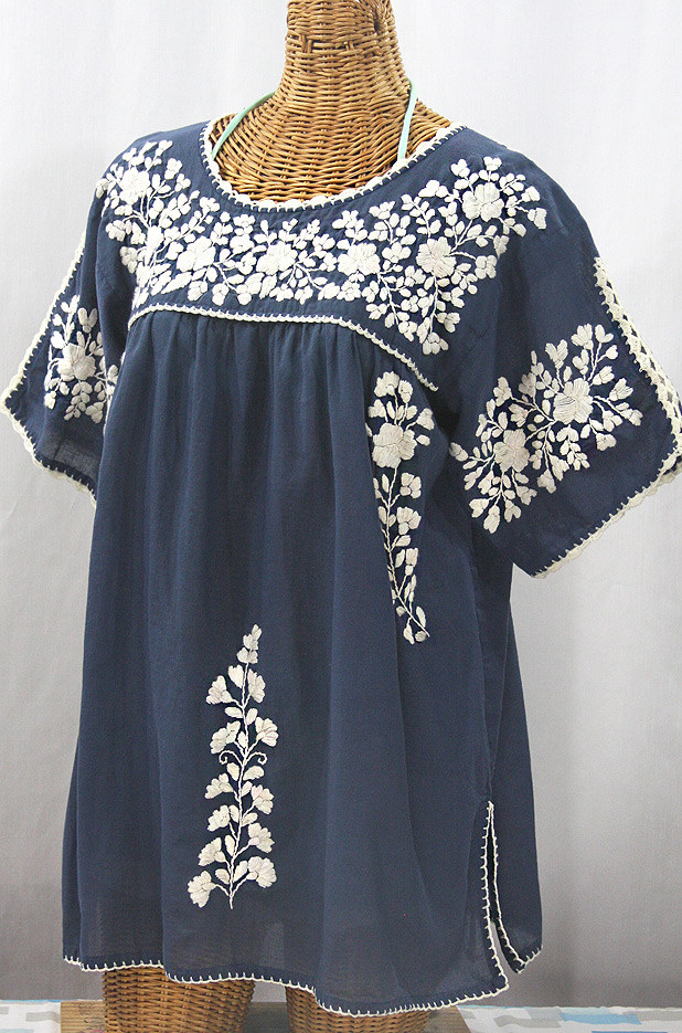 "Lijera Libre" Plus Size Embroidered Mexican Blouse - Navy Blue + Cream