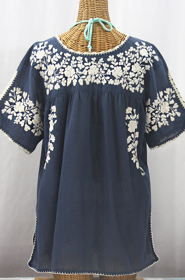 "Lijera Libre" Plus Size Embroidered Mexican Blouse - Navy Blue + Cream