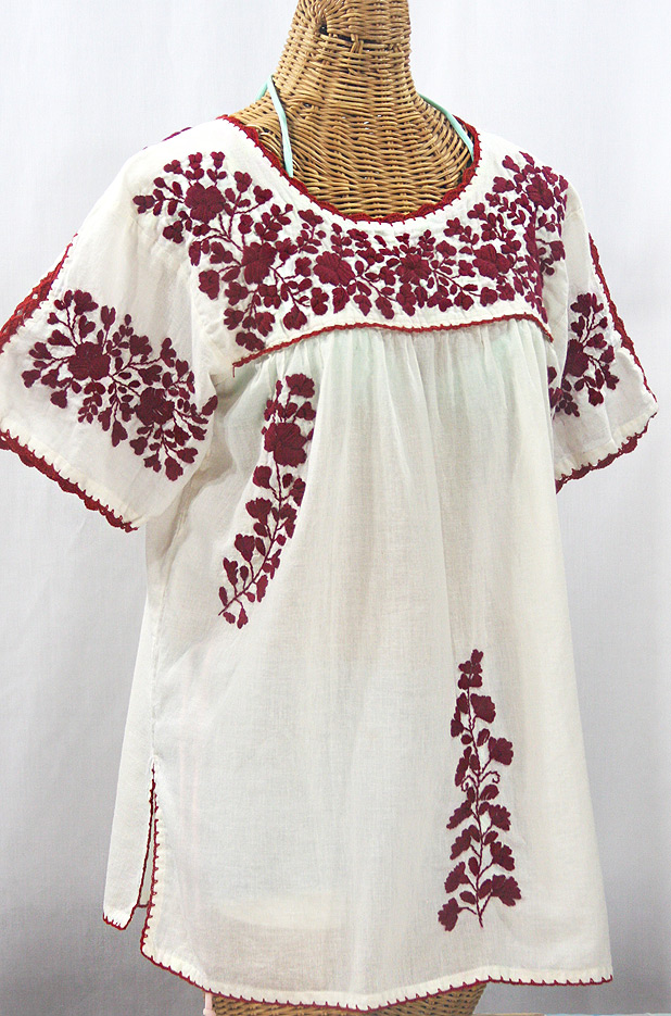 "Lijera Libre" Plus Size Embroidered Mexican Blouse - Off White + Burgundy