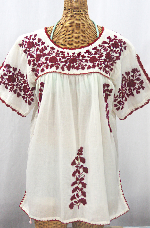 "Lijera Libre" Plus Size Embroidered Mexican Blouse - Off White + Burgundy