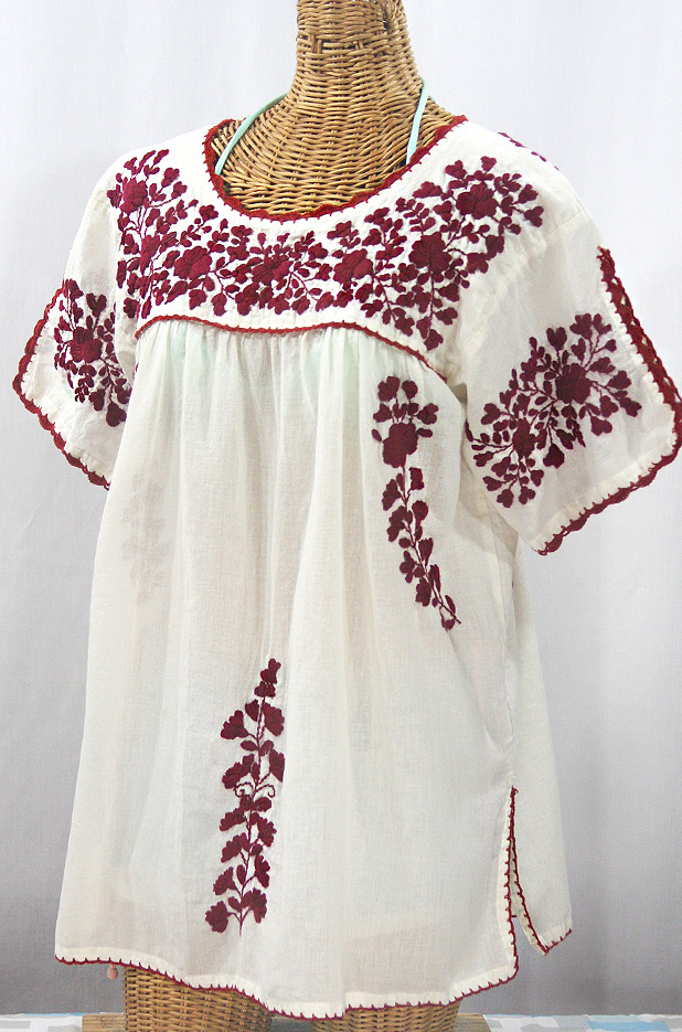 "Lijera Libre" Plus Size Embroidered Mexican Blouse - Off White + Burgundy