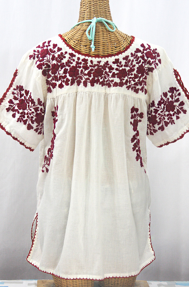 "Lijera Libre" Plus Size Embroidered Mexican Blouse - Off White + Burgundy