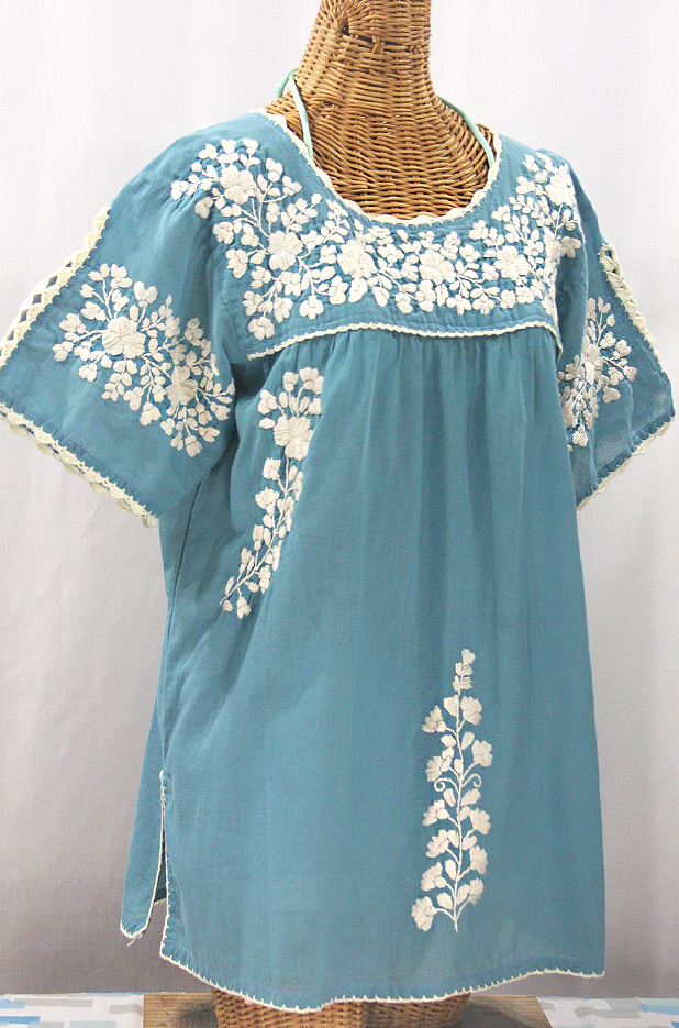 "Lijera Libre" Plus Size Embroidered Mexican Blouse - Pool Blue + Cream