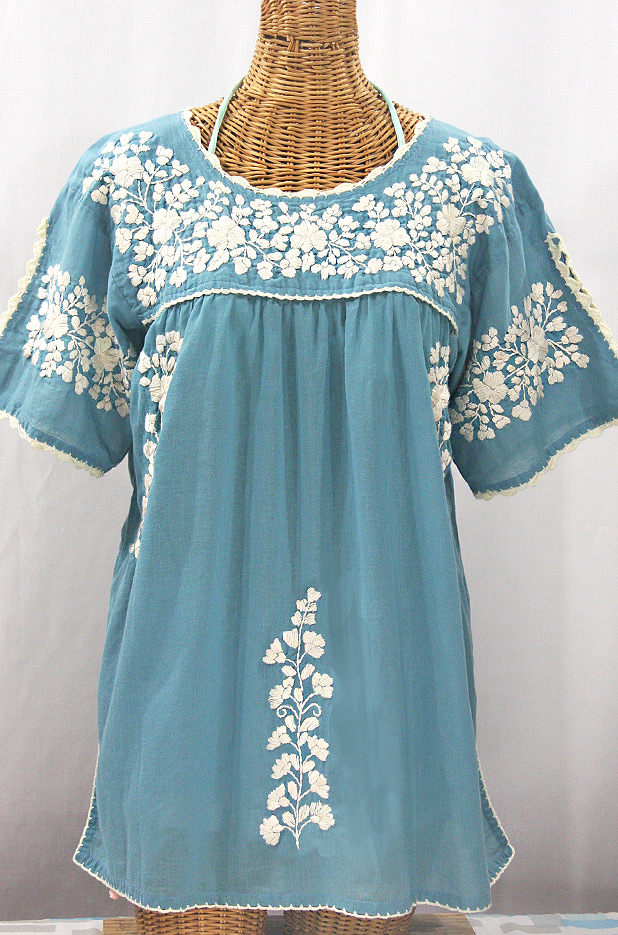 "Lijera Libre" Plus Size Embroidered Mexican Blouse - Pool Blue + Cream