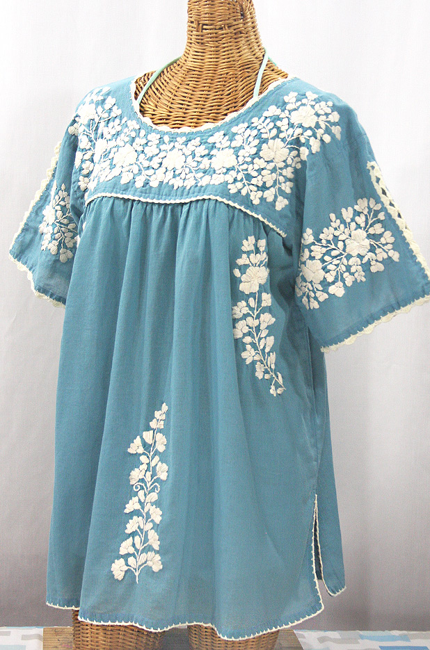 "Lijera Libre" Plus Size Embroidered Mexican Blouse - Pool Blue + Cream