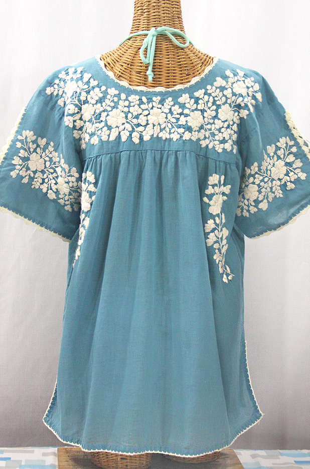 "Lijera Libre" Plus Size Embroidered Mexican Blouse - Pool Blue + Cream