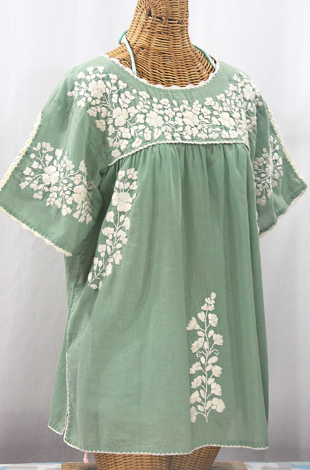 "Lijera Libre" Plus Size Embroidered Mexican Blouse - Sage Green + Cream