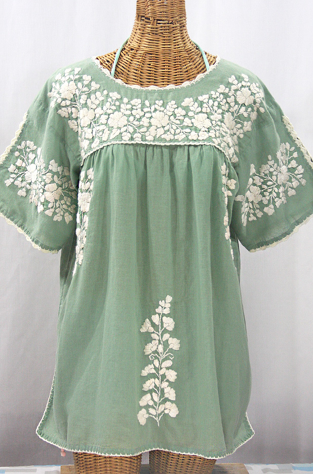 "Lijera Libre" Plus Size Embroidered Mexican Blouse - Sage Green + Cream