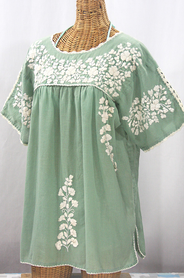 "Lijera Libre" Plus Size Embroidered Mexican Blouse - Sage Green + Cream