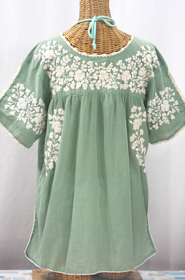 "Lijera Libre" Plus Size Embroidered Mexican Blouse - Sage Green + Cream