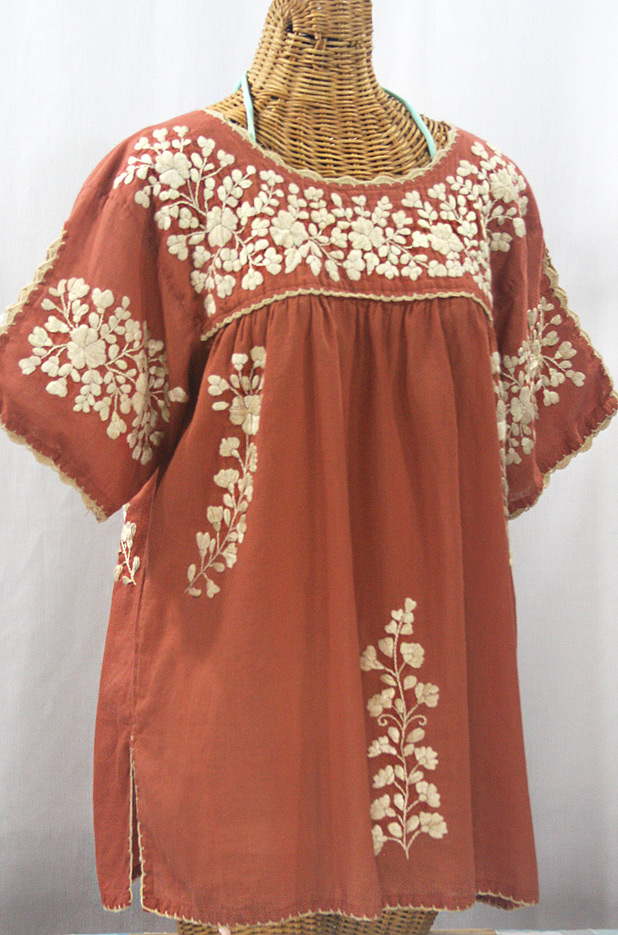 "Lijera Libre" Plus Size Embroidered Mexican Blouse - Terracotta + Cream