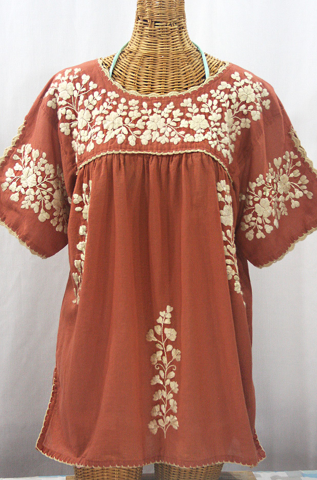 "Lijera Libre" Plus Size Embroidered Mexican Blouse - Terracotta + Cream