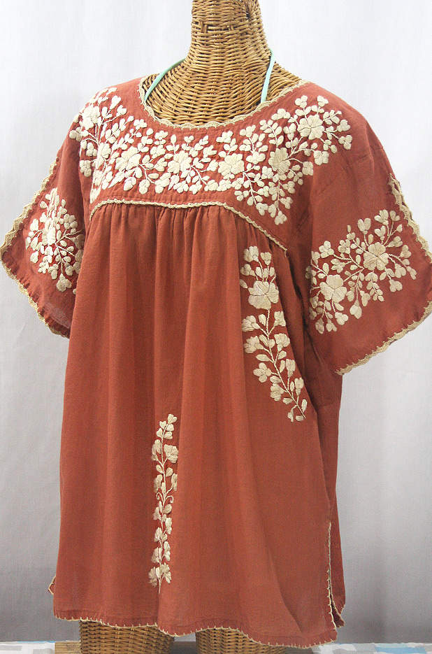 "Lijera Libre" Plus Size Embroidered Mexican Blouse - Terracotta + Cream