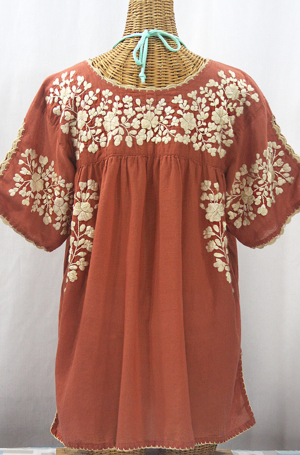 "Lijera Libre" Plus Size Embroidered Mexican Blouse - Terracotta + Cream