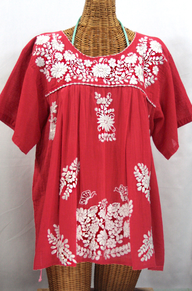 "La Mariposa Libre" Plus Size Mexican Peasant Blouse - Tomato Red