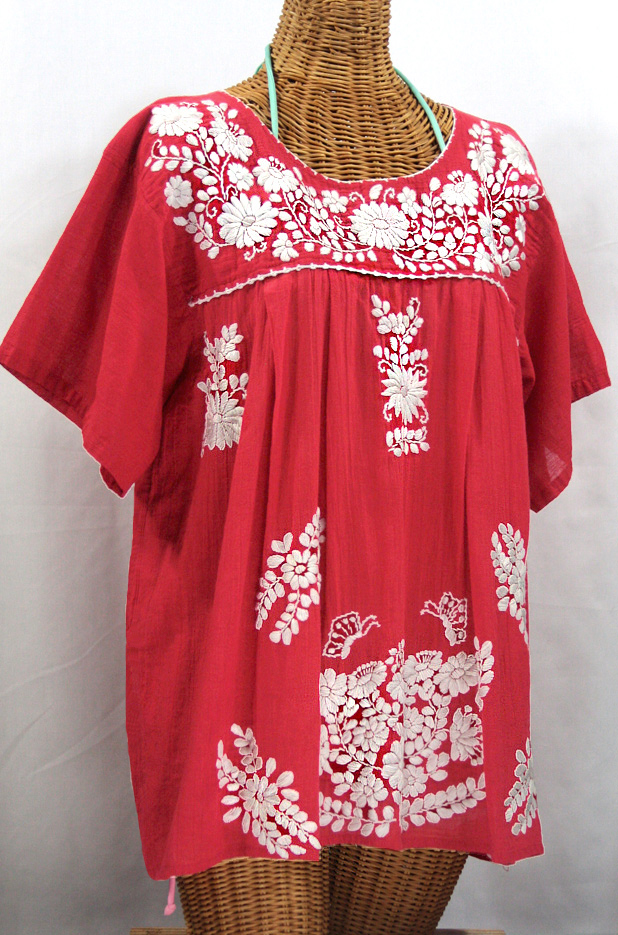 "La Mariposa Libre" Plus Size Mexican Peasant Blouse - Tomato Red