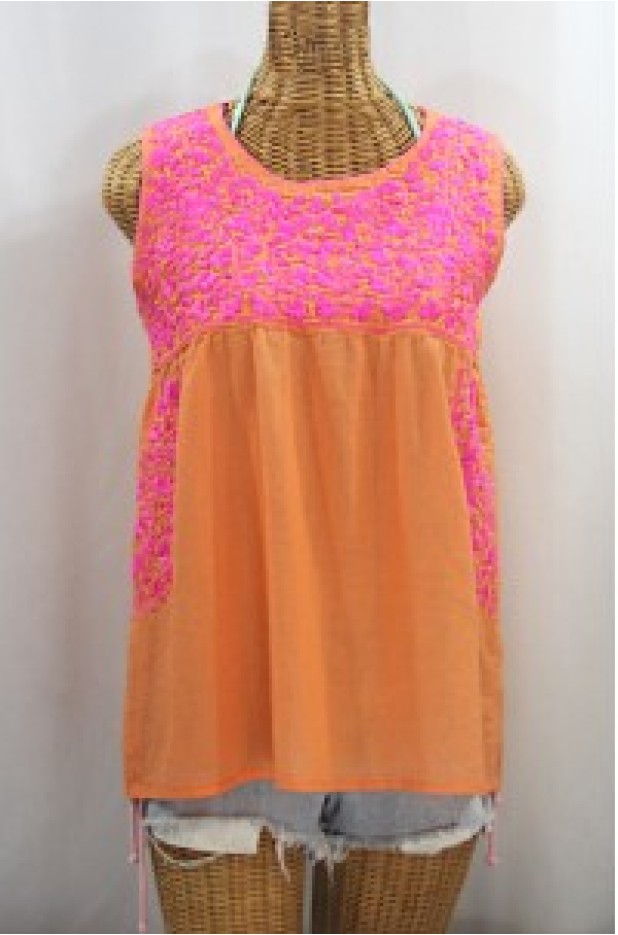 "La Sirena" Sleeveless Mexican Blouse - Orange Cream + Bright Pink